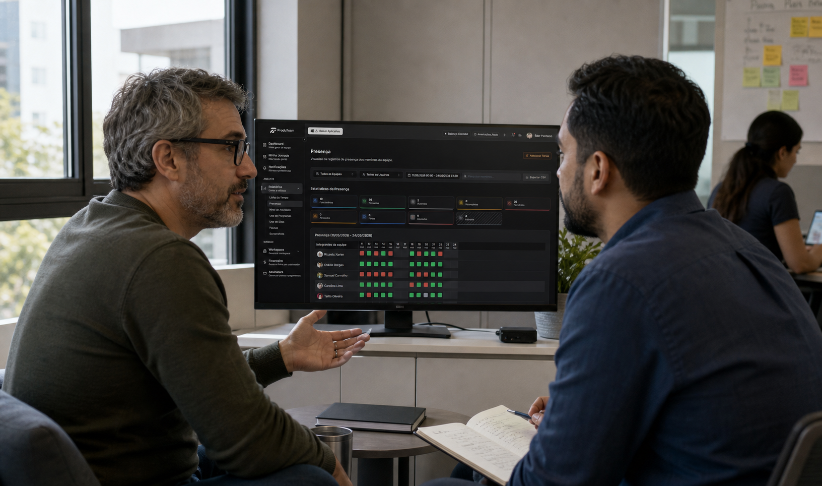 Painel de Presença do ProduTeam ao lado de uma mesa de home office