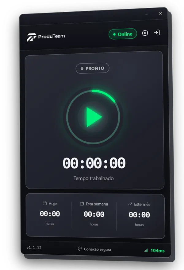 App do ProduTeam para Windows com o tempo trabalhado de hoje, da semana e do mês