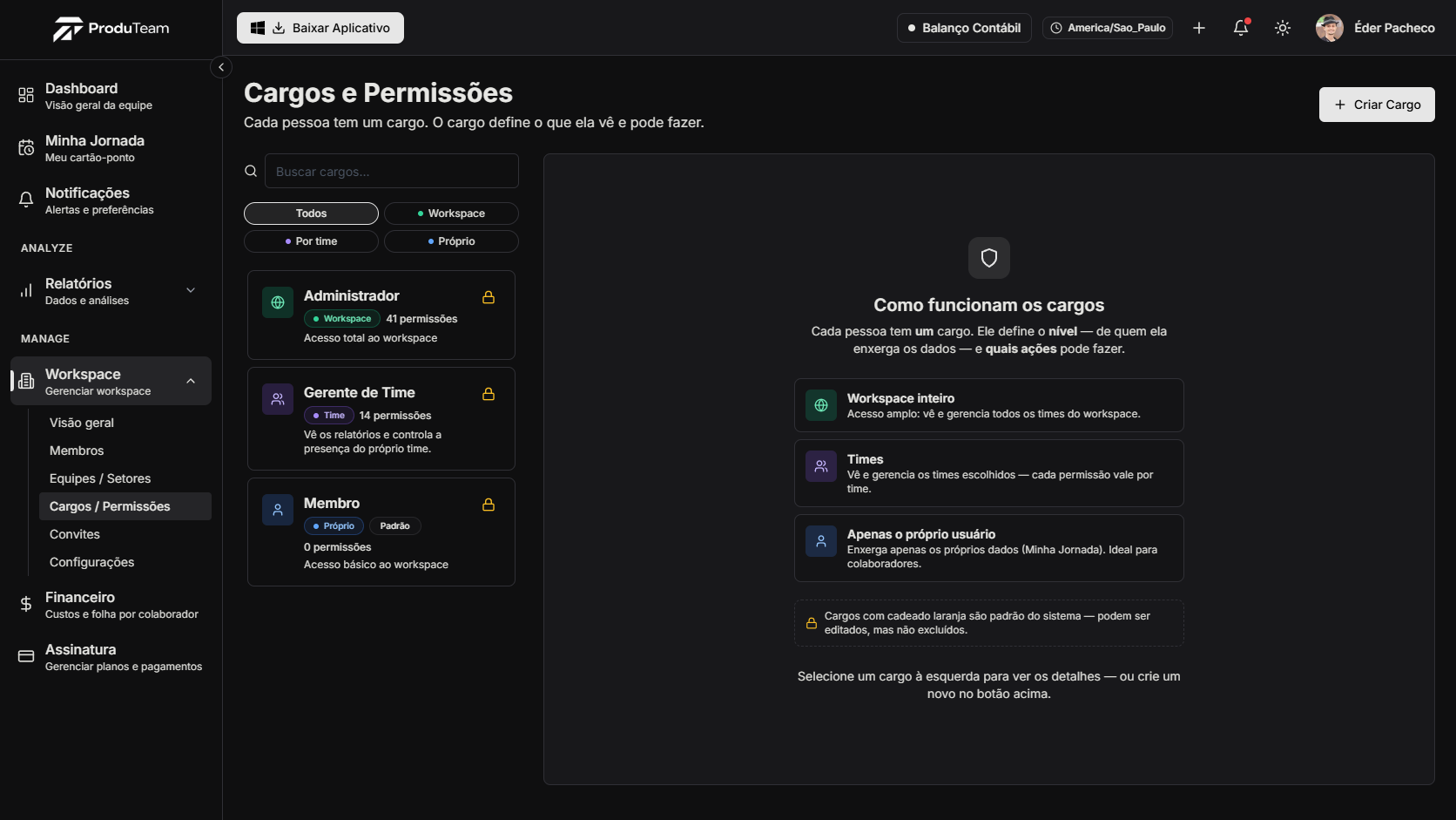 Tela de Cargos e Permissões do ProduTeam com os níveis de alcance: empresa, times e próprios dados