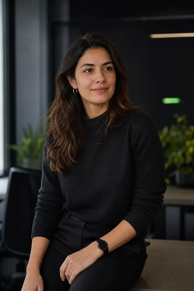 Mulher sorrindo em um escritório, ao lado das perguntas frequentes do ProduTeam